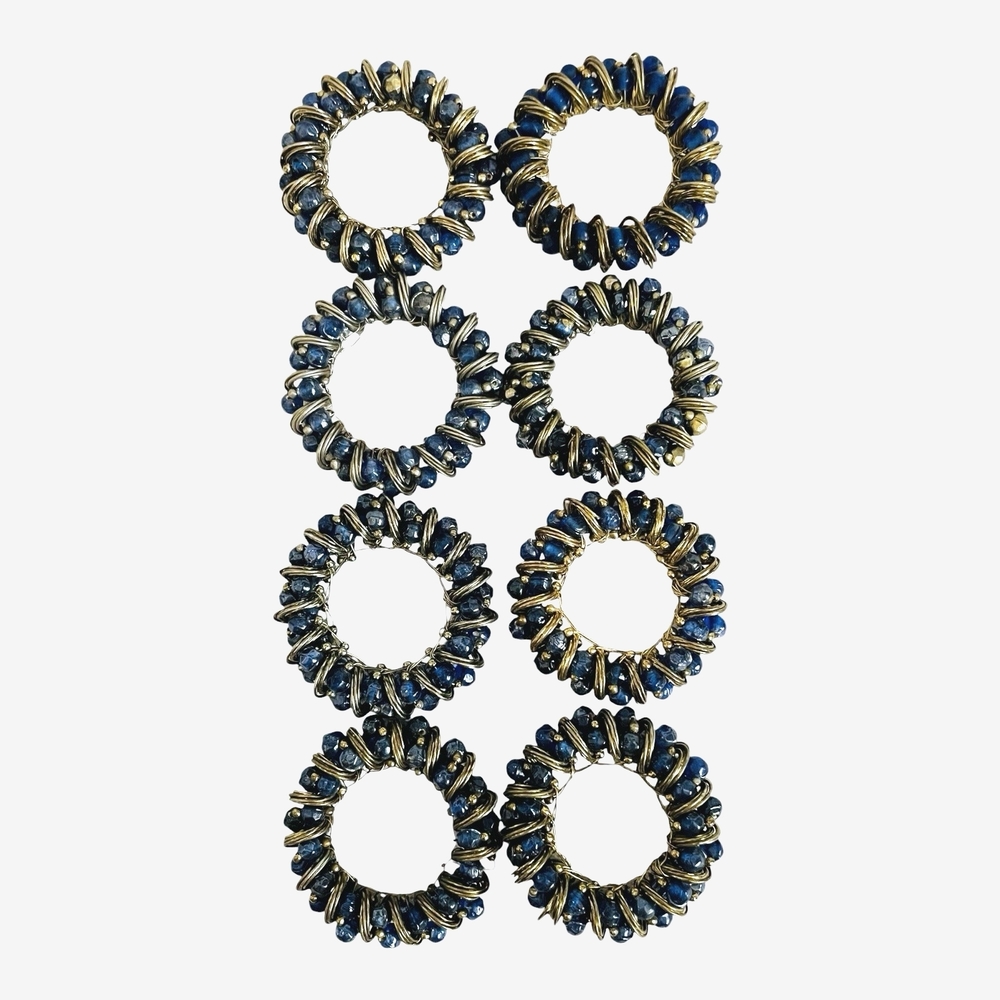 Vintage Blue Beaded Napkin Ring Holders Set of 8 1.5in VG